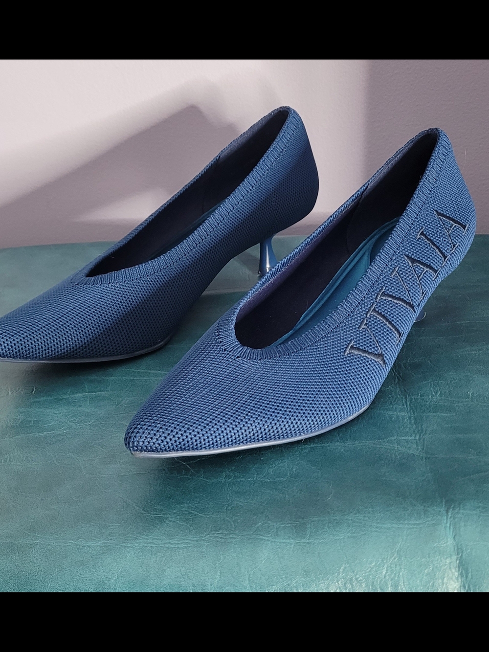 Blue Knit Pointed Toe Heels with Side Lettering